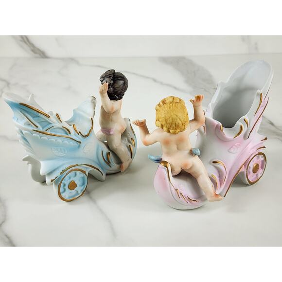 Putti Cherub Shoe Cart Porcelain Bisque 4" Figurine Blue Pink Home Decor x2 - Picture 8 of 16